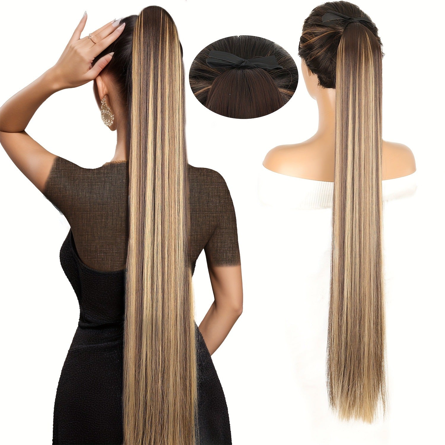 Ponytail Wig 34inch Long Straight Ponytail Bow Tie Braids